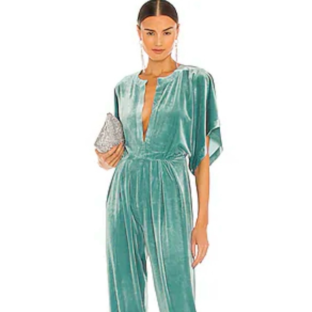 Velvet Teal Jumpsuit with Plunging Neckline Norma Kamali